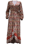 Fashion Print Patchwork V Neck Cake Skirt Dresses
