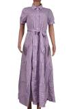 Casual Striped Print Patchwork Buckle Turndown Collar Shirt Dress Dresses