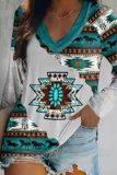 Casual Print Patchwork Basic V Neck Tops