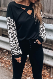 Casual Leopard Hollowed Out Patchwork V Neck Tops
