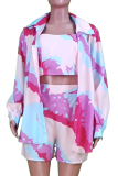Casual Patchwork Tie-dye Turndown Collar Long Sleeve Three Pieces