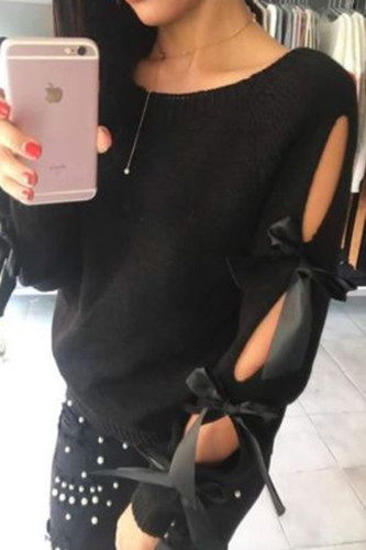 Casual Sweet Solid Bandage Hollowed Out Patchwork O Neck Tops