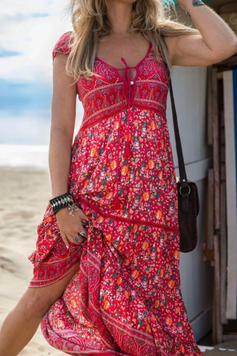 Fashion Vacation Print Patchwork V Neck A Line Dresses