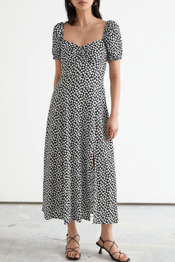 Fashion Street Print Patchwork Square Collar A Line Dresses