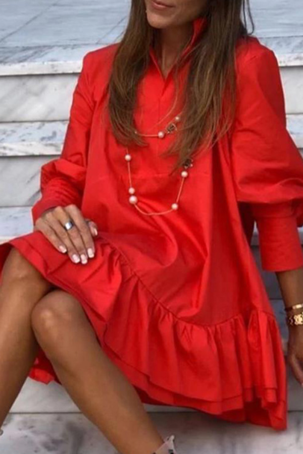 Casual Solid Patchwork Flounce Mandarin Collar Princess Dresses