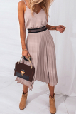 Elegant Solid Patchwork V Neck Pleated Dresses (Without Belt)