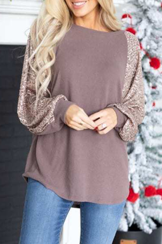 Casual Patchwork Sequins O Neck Tops