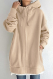 Casual Solid Draw String Pocket Zipper Hooded Collar Tops