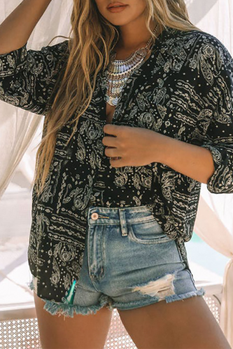 Casual Print Patchwork Turndown Collar Tops