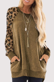 Casual Leopard Patchwork Pocket O Neck Tops
