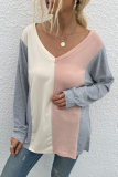 Casual Patchwork Contrast V Neck Tops