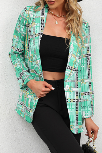 Elegant Print Patchwork Buttons Turndown Collar Outerwear