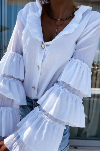Casual Solid Buckle Flounce Lotus Leaf Collar Tops