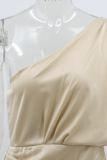 Elegant Solid Patchwork Fold Oblique Collar Evening Dress Dresses