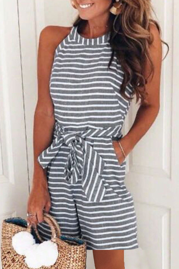 Casual Patchwork Bandage With Belt O Neck Loose Rompers