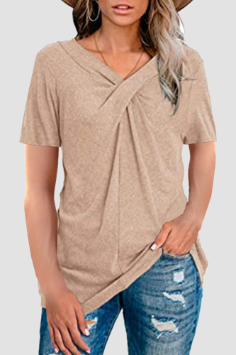 Casual Solid Patchwork Fold V Neck T-Shirts