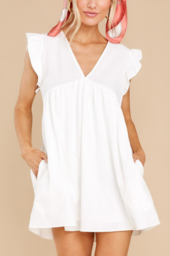 Spring and summer solid color flying sleeve V-neck dress