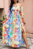 Fashion Print Patchwork Off the Shoulder Waist Skirt Dresses