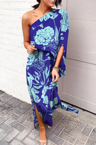 Casual Print Patchwork One Shoulder Waist Skirt Dresses