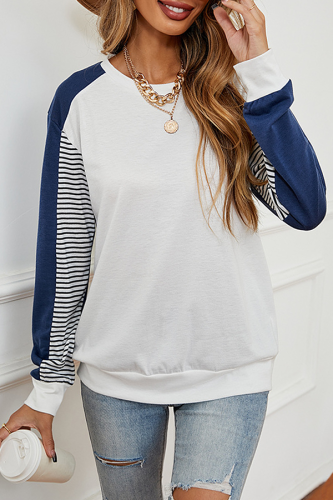 Casual Striped Patchwork Contrast O Neck Tops