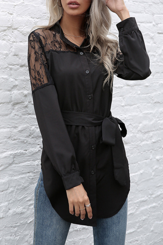 Elegant Patchwork Buckle With Belt O Neck Tops