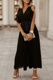 Casual Solid Patchwork V Neck Cake Skirt Dresses