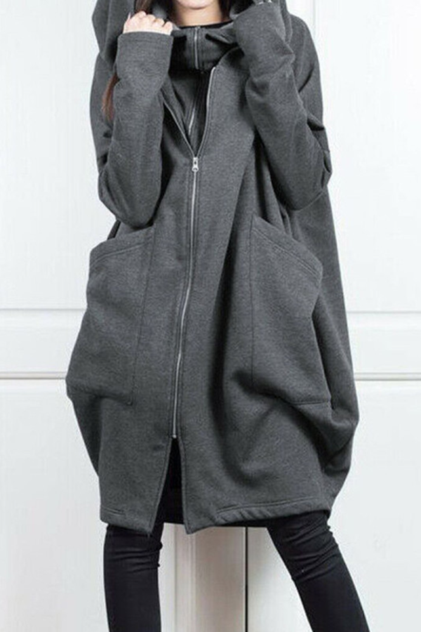 Casual Solid Pocket Zipper Hooded Collar Outerwear