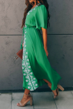 Casual Print Patchwork V Neck Cake Skirt Dresses