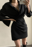 Fashion Elegant Solid Patchwork Fold Turndown Collar Pencil Skirt Dresses
