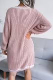 Casual Striped Patchwork Contrast V Neck A Line Dresses Sweater (Without Belt)
