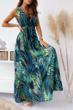 Casual Print Patchwork V Neck Waist Skirt Dresses