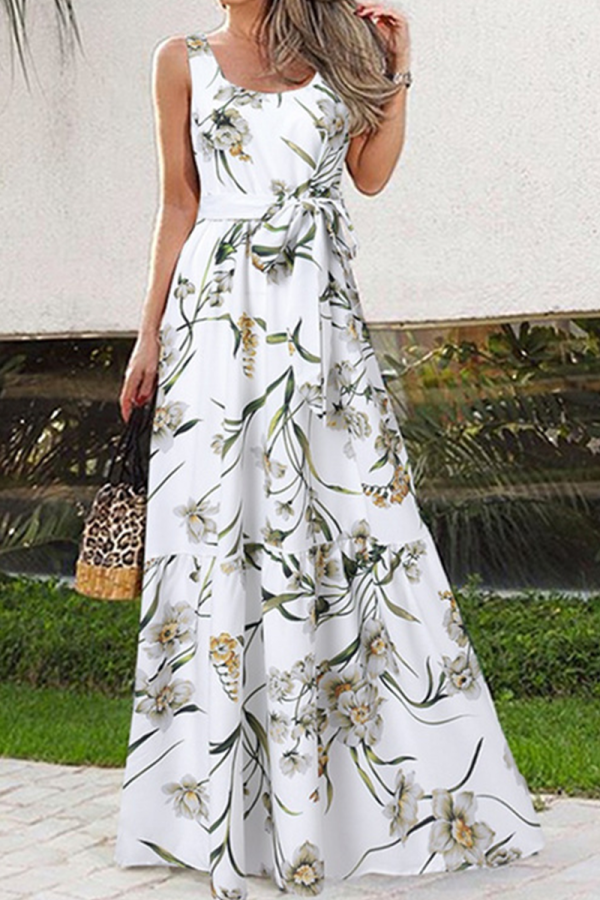Casual Print Patchwork O Neck Cake Skirt Dresses