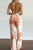 Fashion Simplicity Print Backless V Neck Loose Jumpsuits