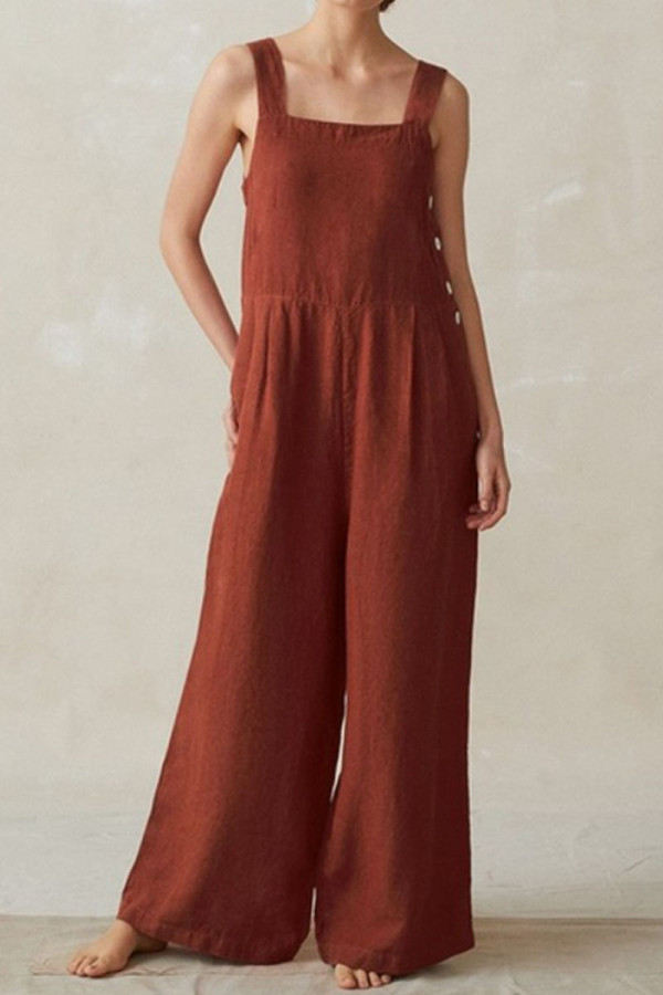 Fashion Street Solid Patchwork Spaghetti Strap Loose Jumpsuits