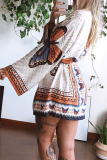 Casual Print Patchwork V Neck Cake Skirt Dresses