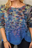 Floral Oil Painting Button Slit T Shirt