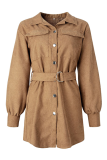 Fashion British Style Solid Pocket Buckle With Belt Turndown Collar Dresses