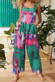 Casual Print Patchwork Pocket Square Collar Straight Jumpsuits