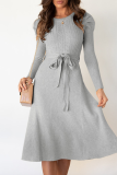 Elegant Solid With Belt O Neck Dresses Sweater