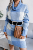 Casual Plaid Patchwork Contrast Turtleneck Pencil Skirt Dresses Sweater (Without Belt)