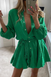 Casual Solid Buckle With Belt O Neck Shirt Dress Dresses
