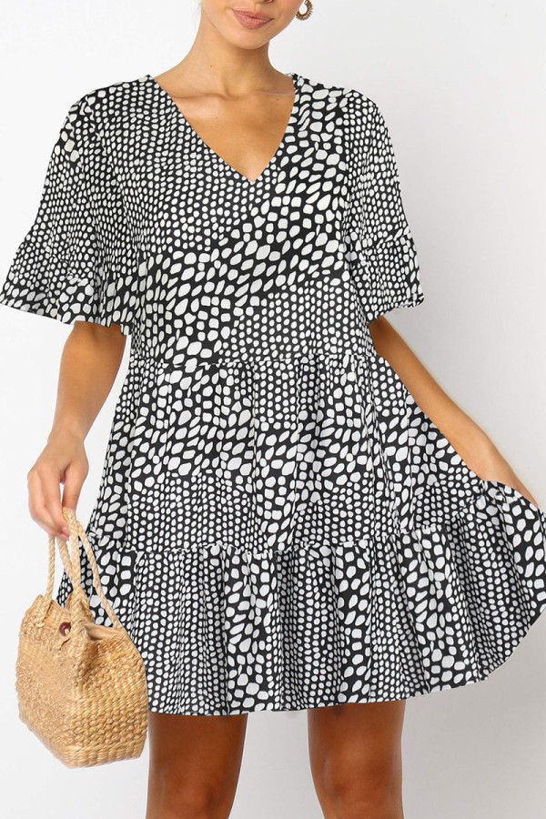 Fashion Sexy Print Patchwork V Neck Pleated Dresses