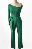 Casual Solid Patchwork One Shoulder Regular Jumpsuits