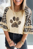 Casual Print Leopard Patchwork O Neck T-Shirts