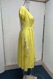 Casual Solid Buckle V Neck Waist Skirt Dresses