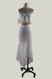 Fashion Elegant Solid Hollowed Out Backless Strapless Short Sleeve Two Pieces