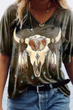 Casual Print Patchwork V Neck T-Shirts
