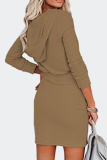 Elegant Solid Draw String Zipper Hooded Collar Dresses
