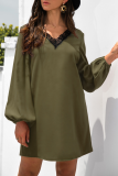 Casual Patchwork Lace Contrast V Neck A Line Dresses
