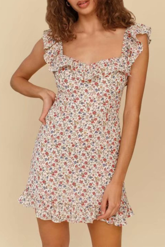 Fashion Sweet Floral Patchwork Flounce Square Collar Dresses